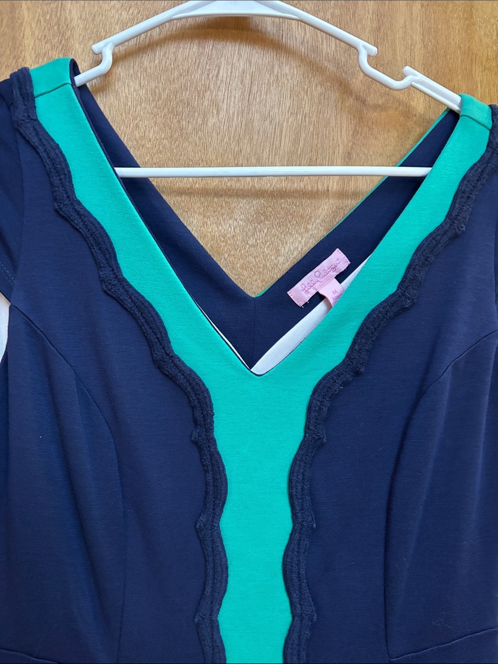 Lilly Pulitzer Navy Dress with Teal Center Panel and Scalloped Trim - Picture 3 of 7
